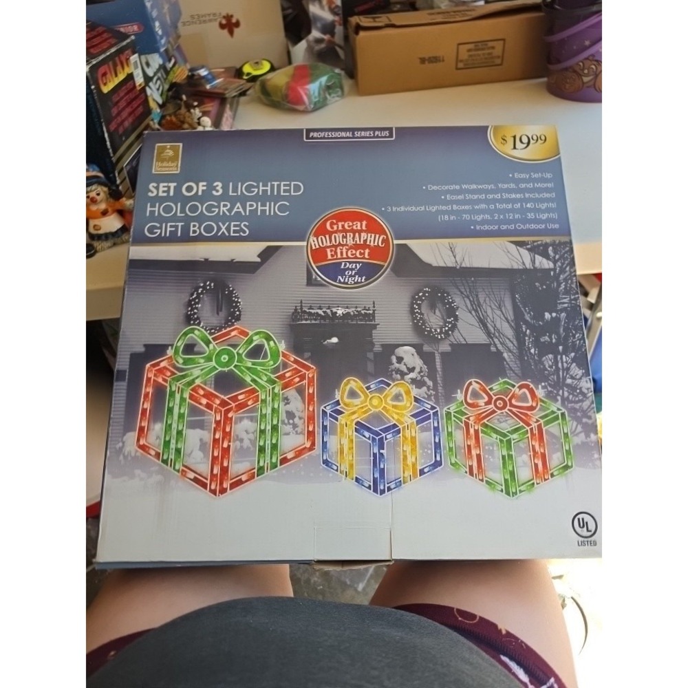 Vintage Set of Christmas Lighted Holographic Gift Boxes In Original Box